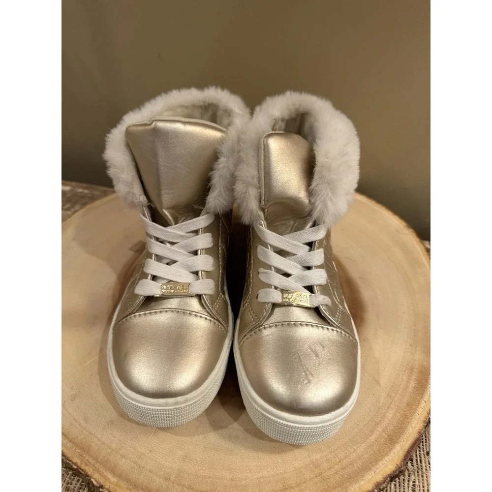 Michael Kors Poloma Fluff Sneaker Gold Boots Logo Monogram Fur Trim Girls‎ Sz-13